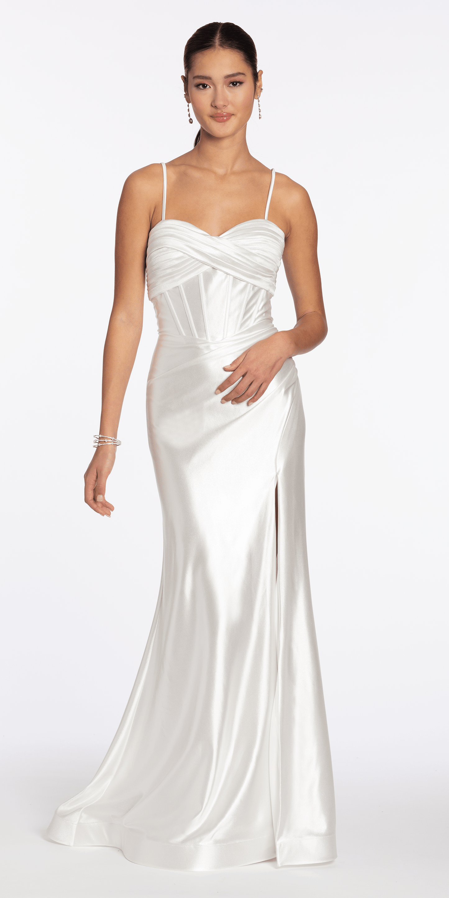 Camille La Vie Foil Satin Twist Bodice Corset Column Dress with Side Slit missy / 0 / white