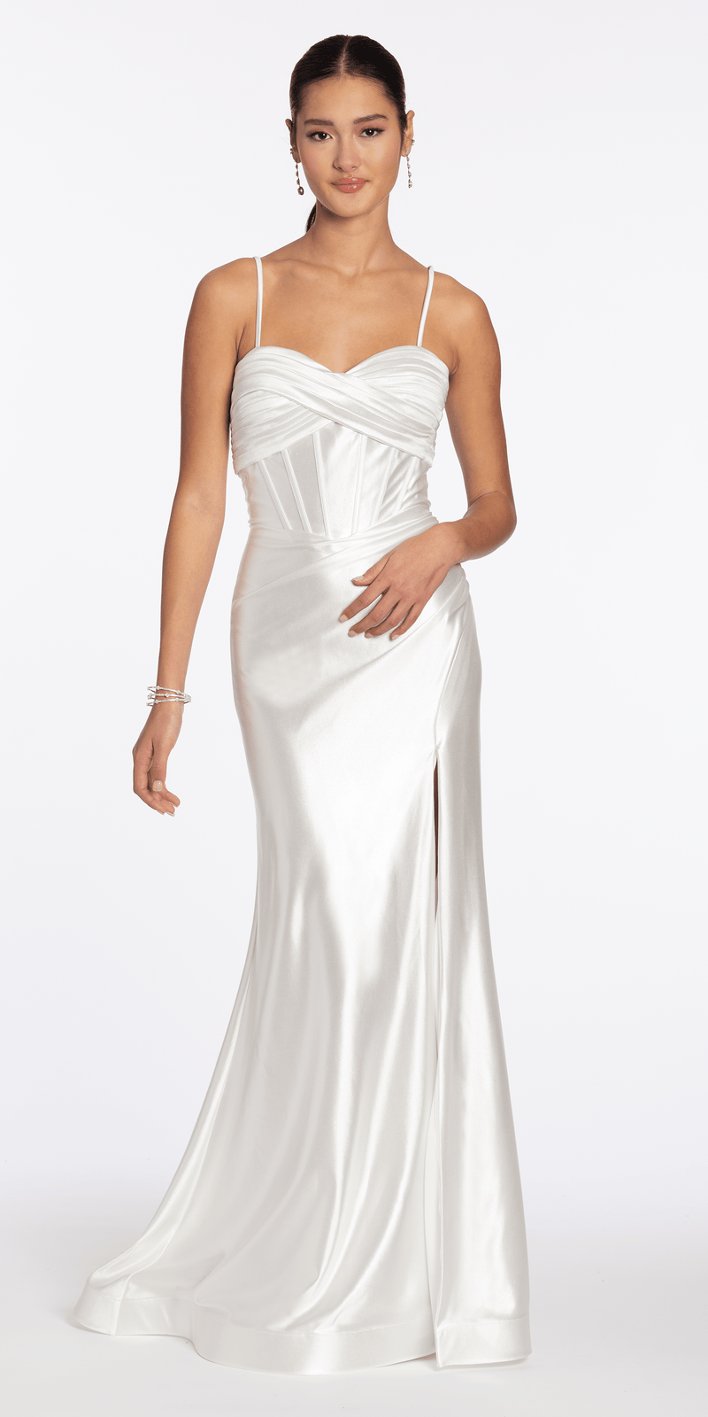 Foil Satin Twist Bodice Corset Column Dress with Side Slit Camille La Vie Foil Satin Twist Bodice Corset Column Dress with Side Slit Camille La Vie