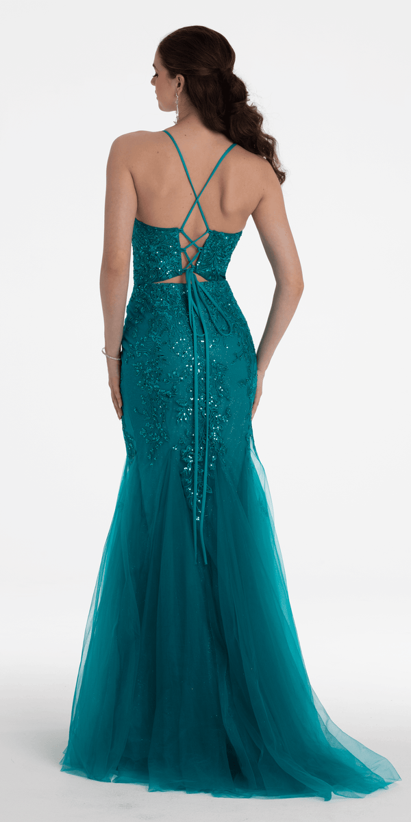 Strappy Lace Up Back Keyhole Embroidered Mermaid Dress Image 5