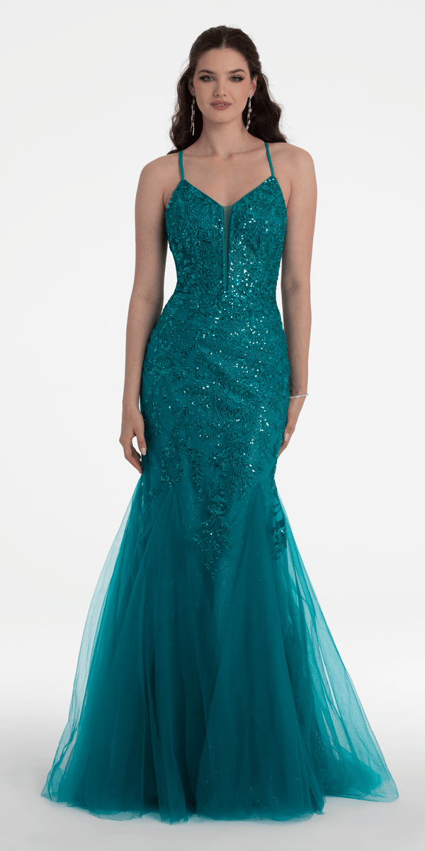 Strappy Lace Up Back Keyhole Embroidered Mermaid Dress Image 3