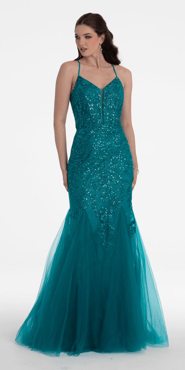 Strappy Lace Up Back Keyhole Embroidered Mermaid Dress Image 1