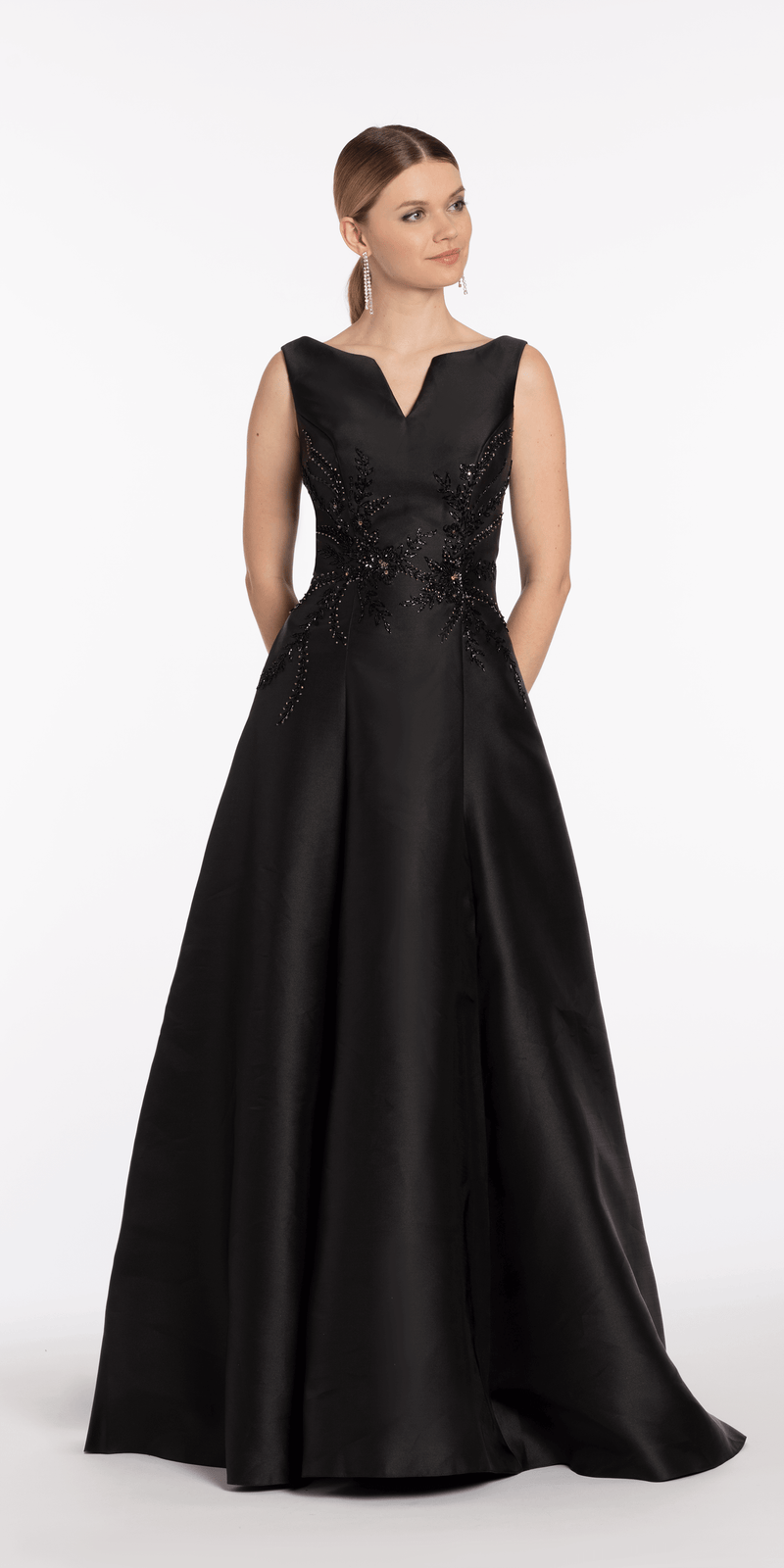 Mikado Embellished Bateau Neck A Line Dress with Pockets missy / 10 / Black Mikado Embellished Bateau Neck A Line Dress with Pockets missy / 10 / Black