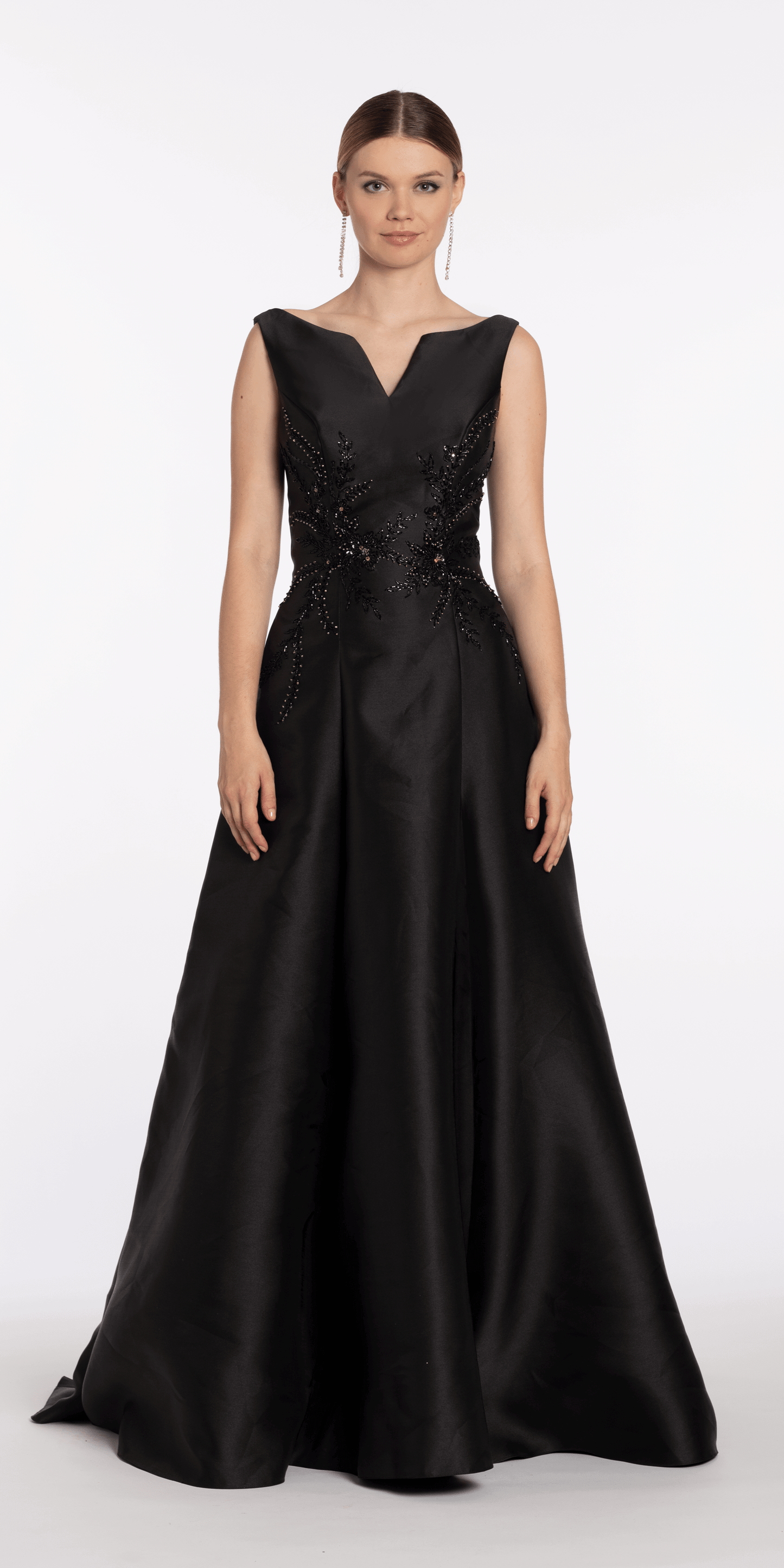 black/size/4/missy/Camille La Vie/Mikado Embellished Bateau Neck A Line Dress with Pockets/front alt