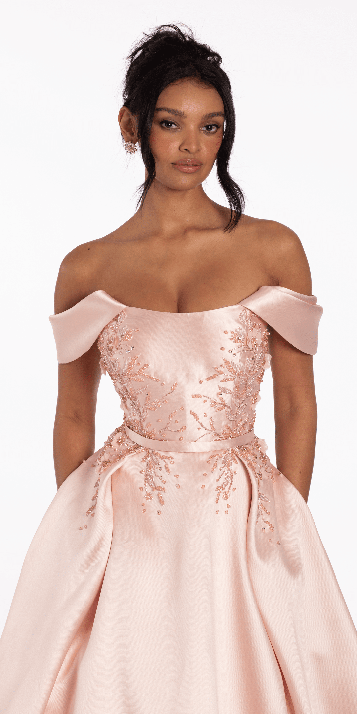 blush/size/4/missy/Camille La Vie/Beaded Mikado Off the Shoulder Ballgown with Pockets and Princess Pleats/ close up 2