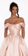 blush/size/4/missy/Camille La Vie/Beaded Mikado Off the Shoulder Ballgown with Pockets and Princess Pleats/ close up 2