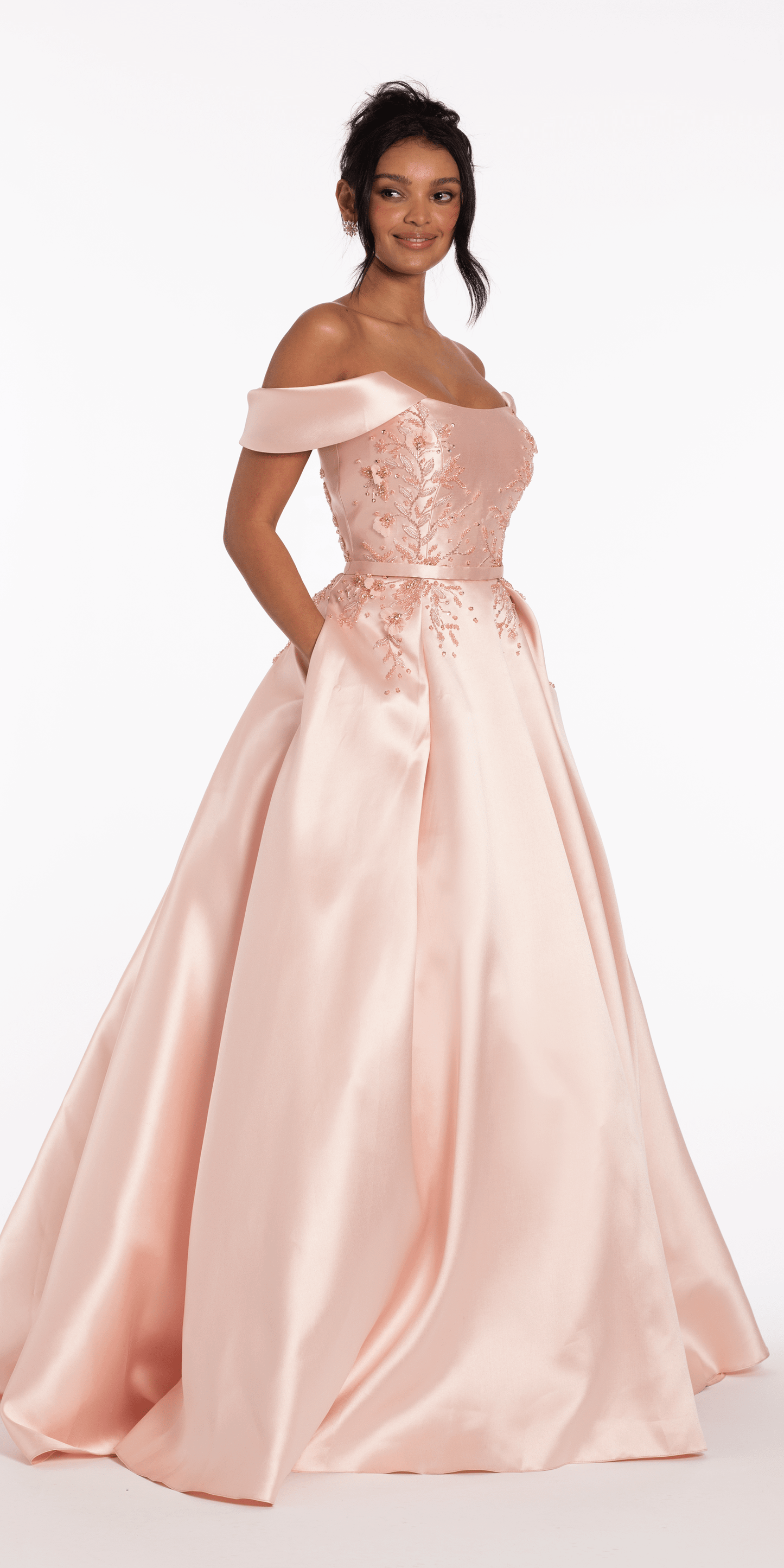 blush/size/4/missy/Camille La Vie/Beaded Mikado Off the Shoulder Ballgown with Pockets and Princess Pleats/front 1