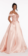 blush/size/4/missy/Camille La Vie/Beaded Mikado Off the Shoulder Ballgown with Pockets and Princess Pleats/front 1