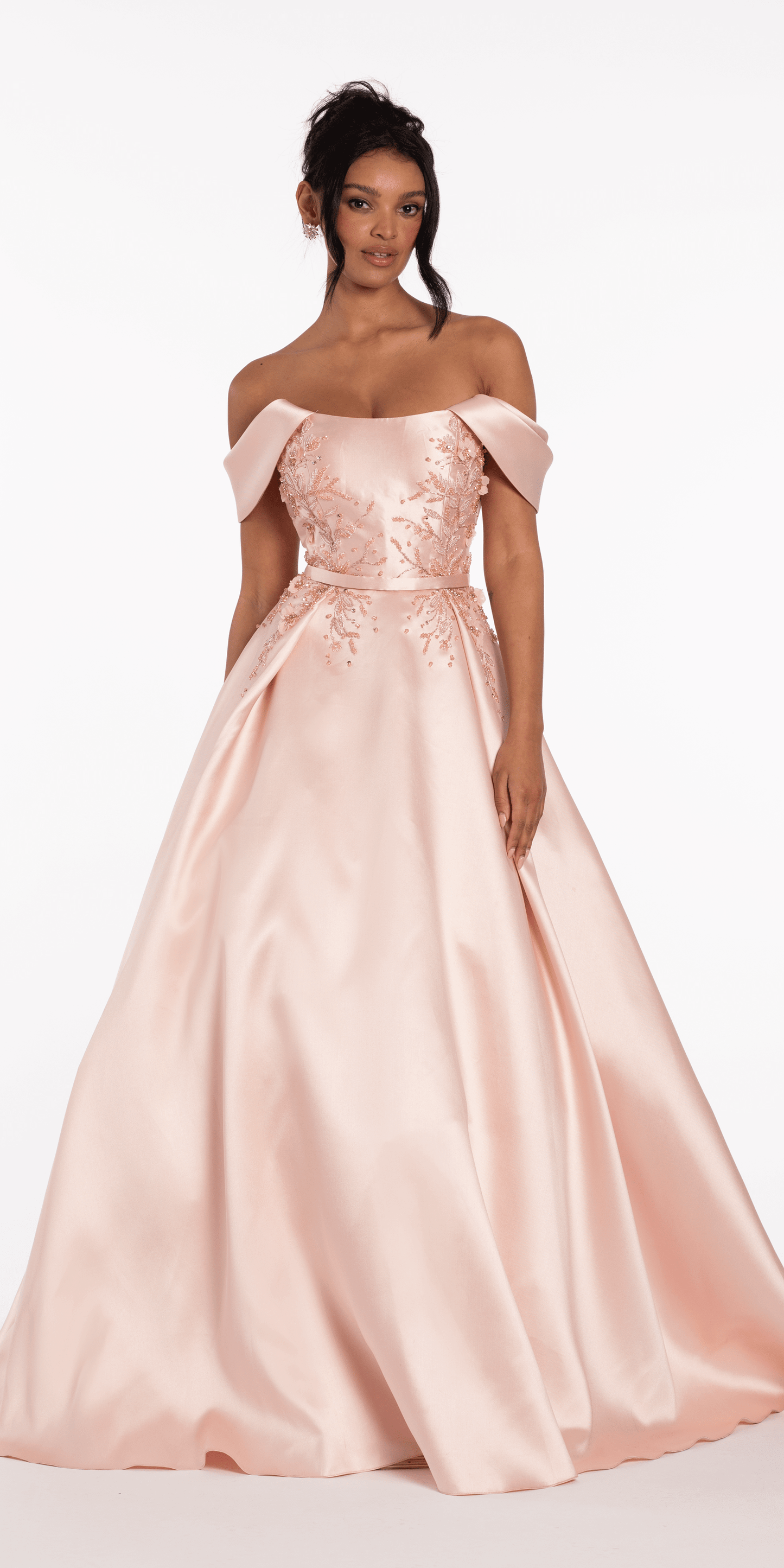 Beaded Mikado Off the Shoulder Ballgown with Pockets and Princess Plea Camille La Vie Beaded Mikado Off the Shoulder Ballgown with Pockets and Princess Plea Camille La Vie