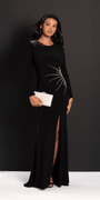 Sunburst Beaded Jersey Long Sleeve Jewel Neck Column Dress Image 2
