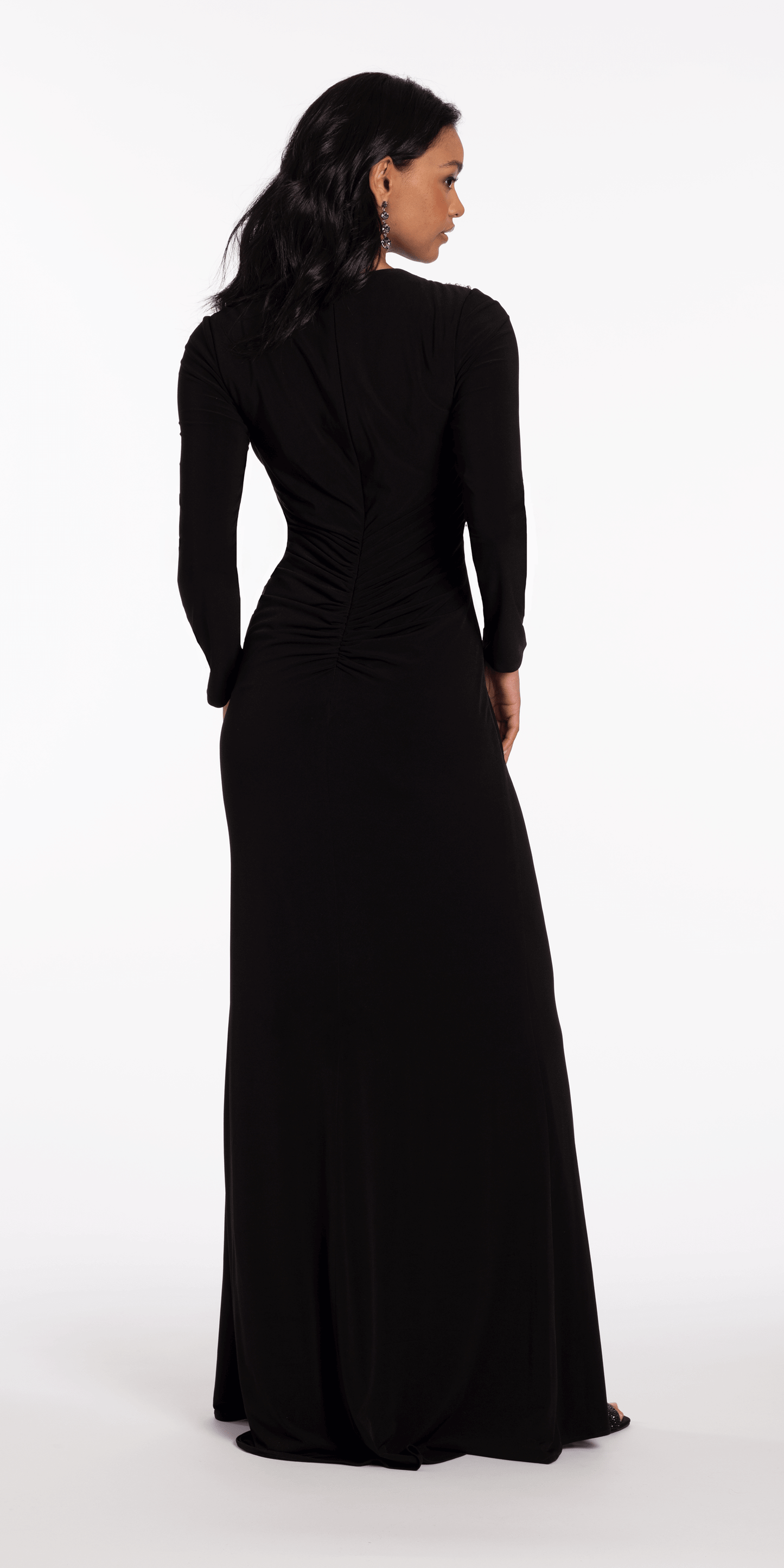 black/size/0/missy/Camille La Vie/Sunburst Beaded Jersey Long Sleeve Jewel Neck Column Dress/back