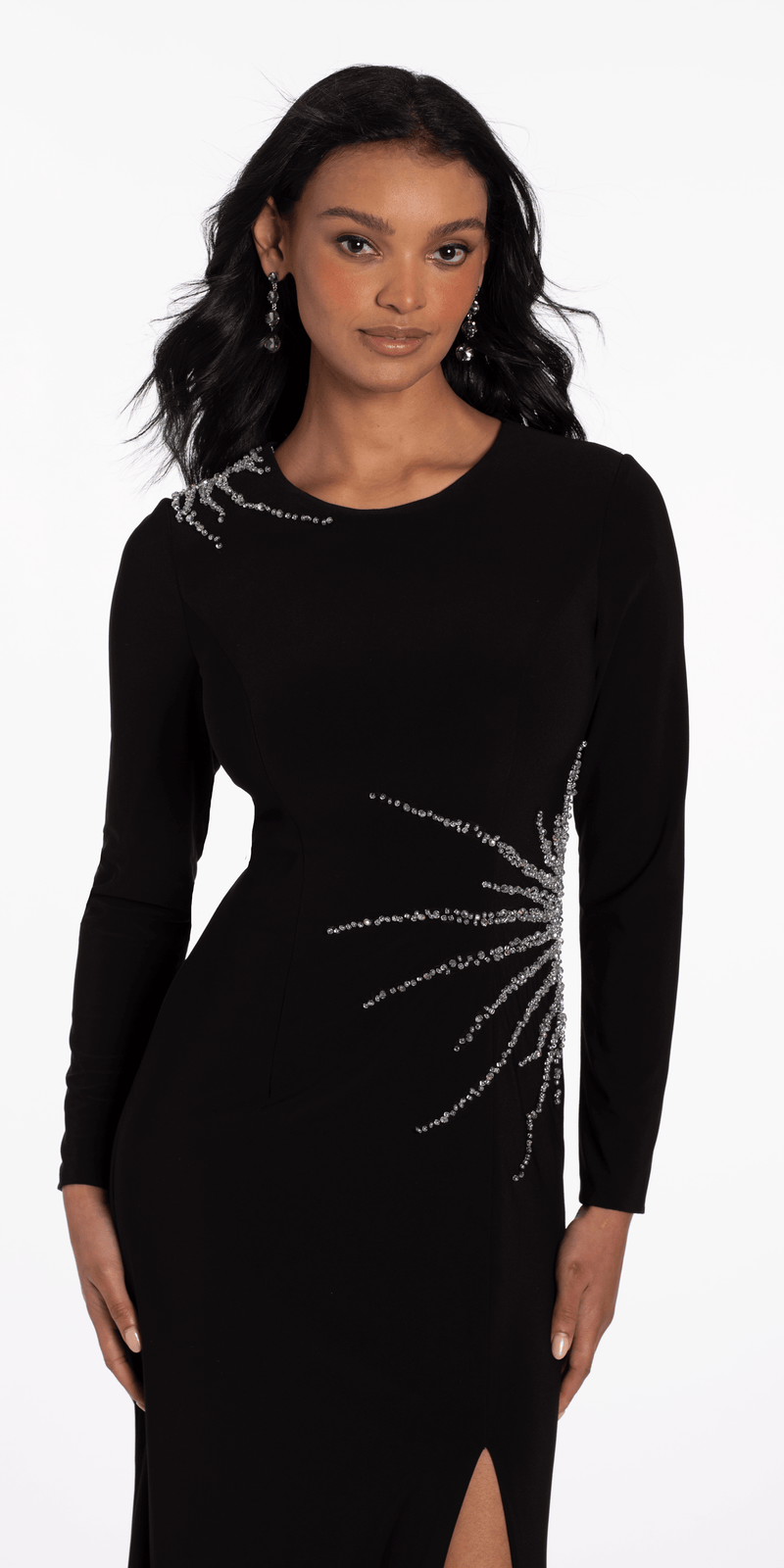 Sunburst Beaded Jersey Long Sleeve Jewel Neck Column Dress Image 4