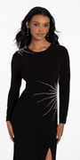 Sunburst Beaded Jersey Long Sleeve Jewel Neck Column Dress Image 4