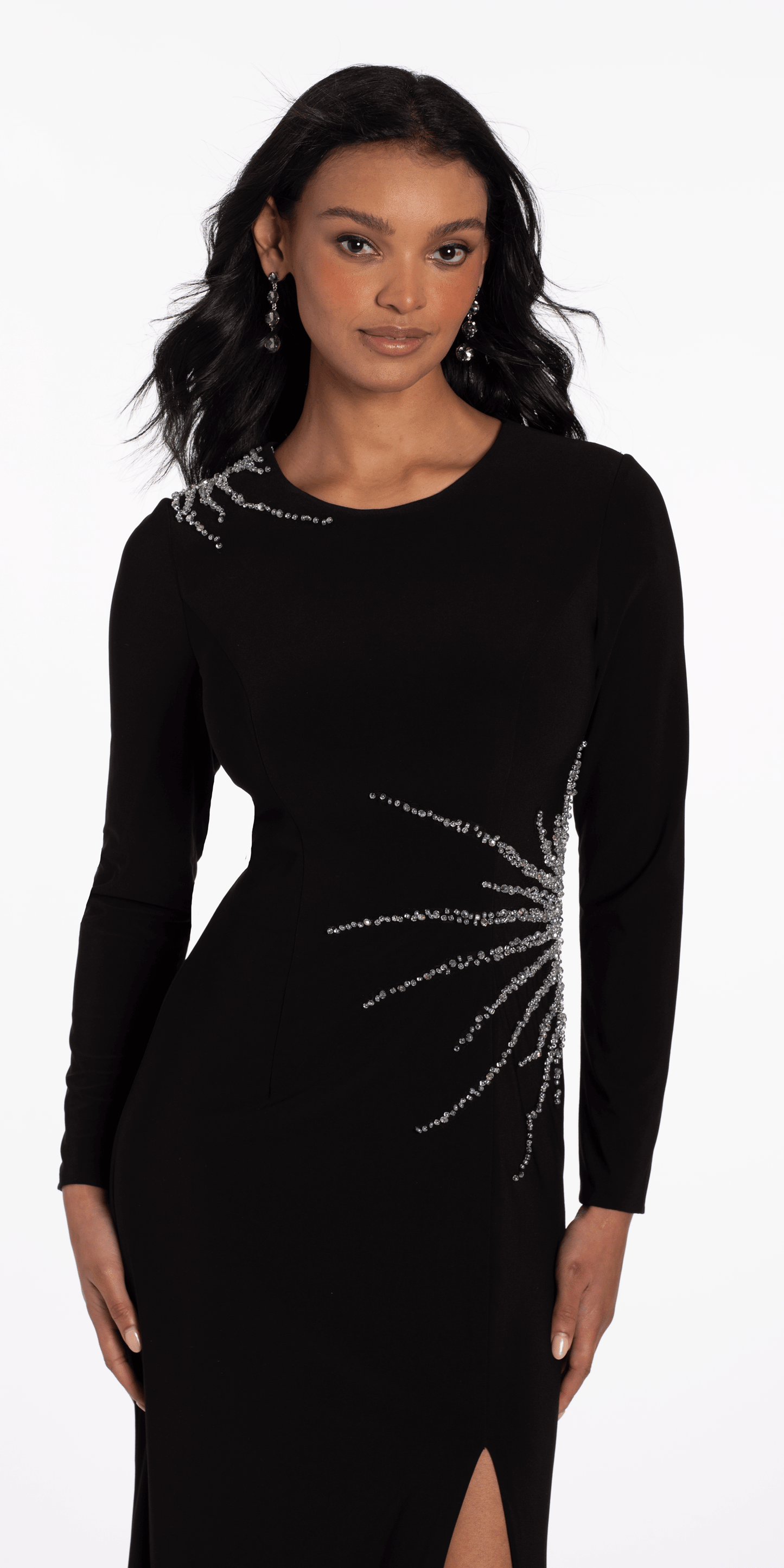 black/size/0/missy/Camille La Vie/Sunburst Beaded Jersey Long Sleeve Jewel Neck Column Dress/close up