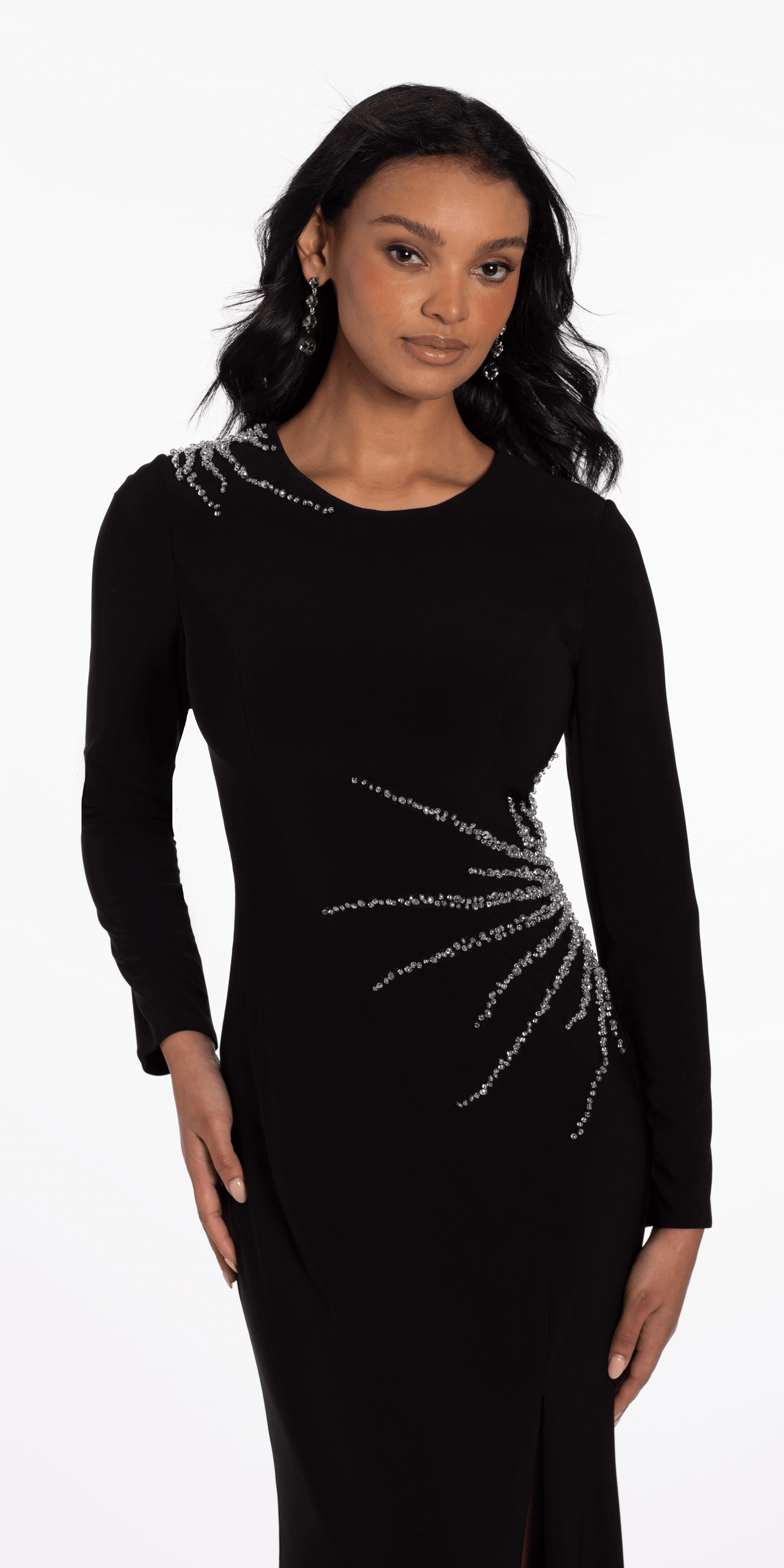 black/size/0/missy/Camille La Vie/Sunburst Beaded Jersey Long Sleeve Jewel Neck Column Dress/close up alt