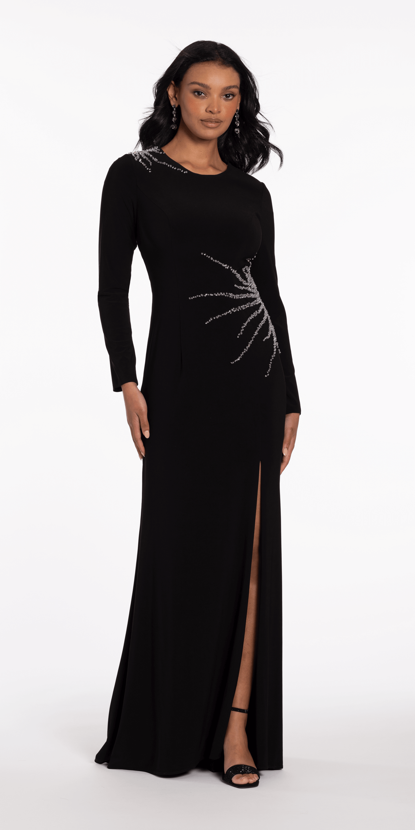 black/size/0/missy/Camille La Vie/Sunburst Beaded Jersey Long Sleeve Jewel Neck Column Dress/front