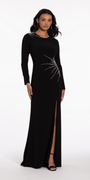 Sunburst Beaded Jersey Long Sleeve Jewel Neck Column Dress Image 4