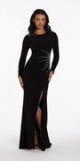 Sunburst Beaded Jersey Long Sleeve Jewel Neck Column Dress Image 2