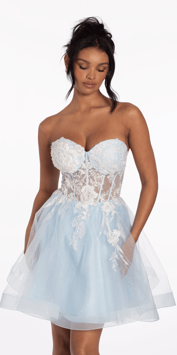 Strapless Pearl Embellished Corset Glitter Fit and Flare Dress missy / 6 / light-blue