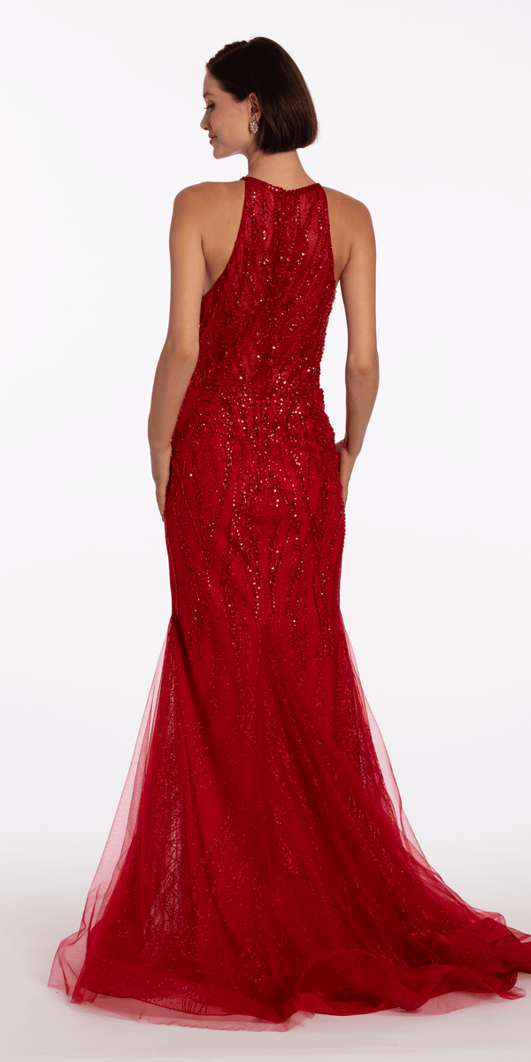 ruby/size/4/missy/Camille La Vie/Beaded Mesh Keyhole Halter Trumpet Dress with Godets/back