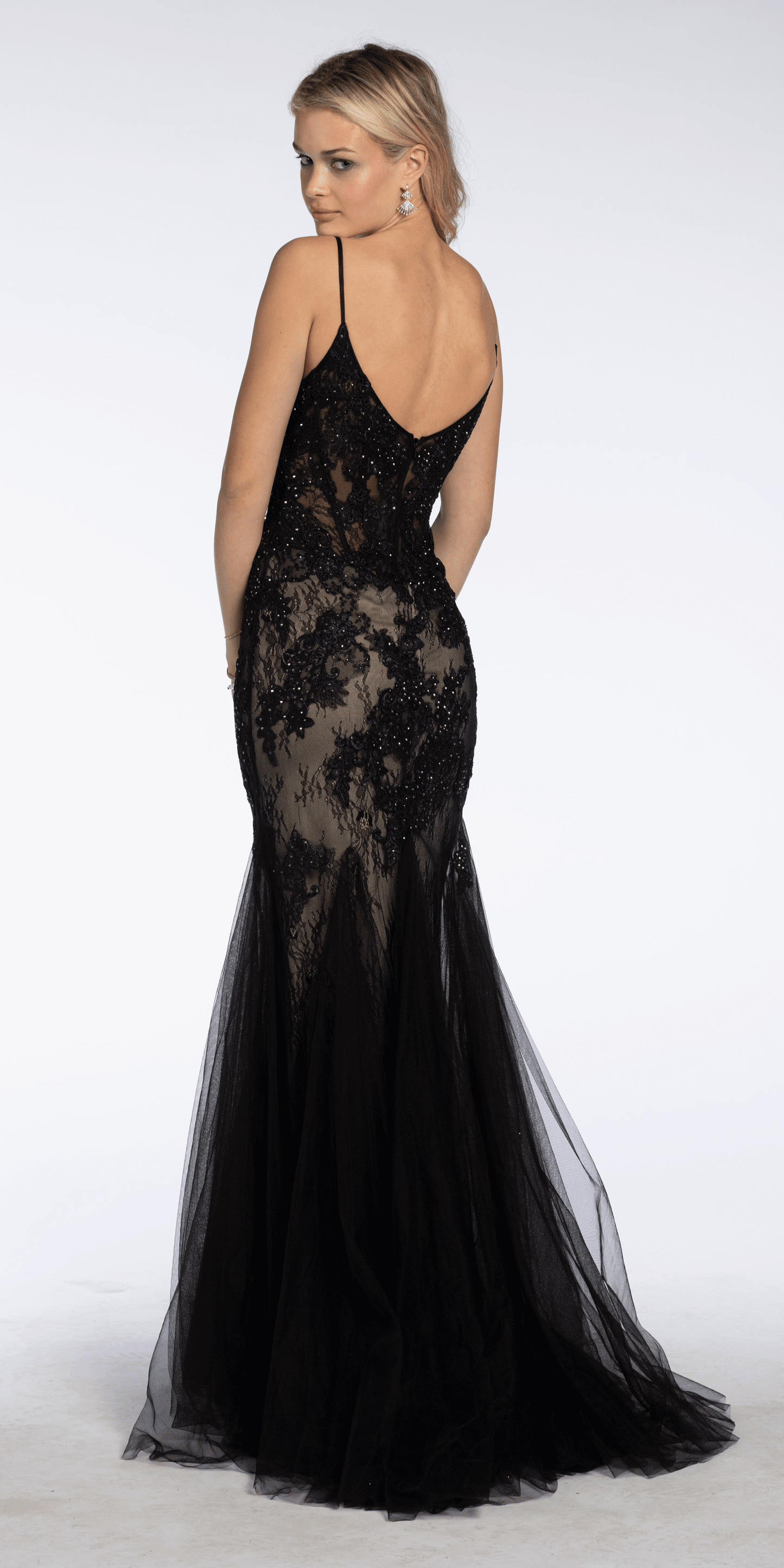black/size/0/missy/Camille La Vie/Two Tone Sweetheart Beaded Lace Mermaid Dress with Godets/back