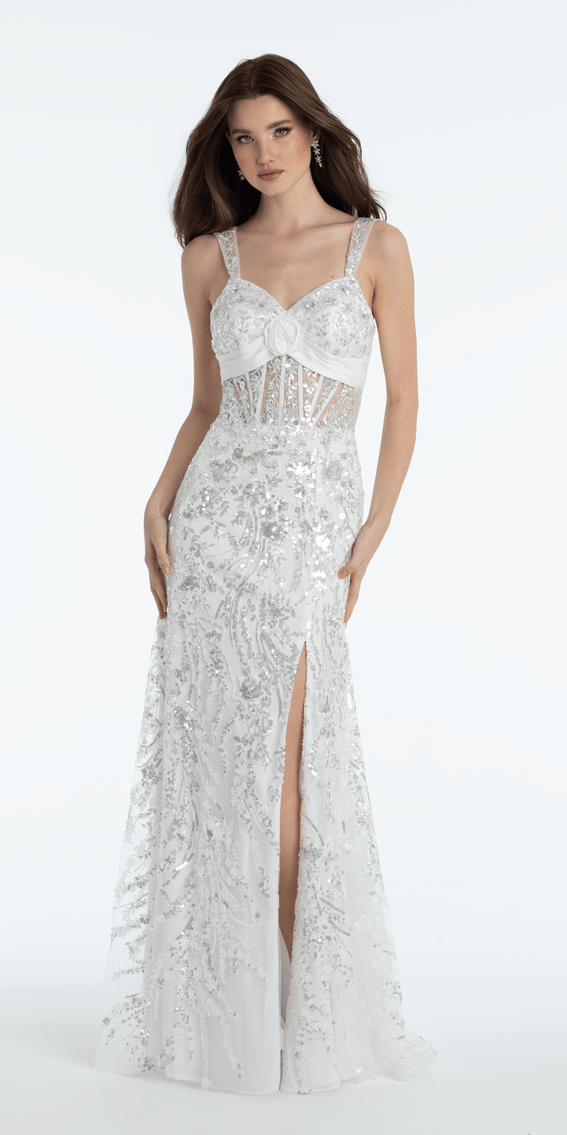 Sequin Illusion Corset Column Dress with Pleated Taffeta Tie Back missy / 10 / white-silver Sequin Illusion Corset Column Dress with Pleated Taffeta Tie Back missy / 10 / white-silver