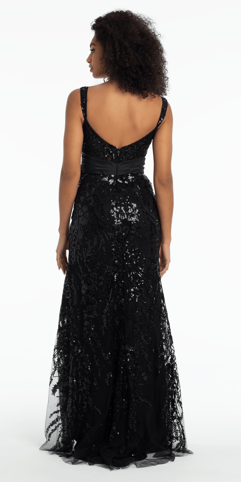 black/size/4/ missy/Mesh Sequin Sweetheart Column Dress with Taffeta Waist Bow/back