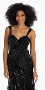 black/size/4/ missy/Mesh Sequin Sweetheart Column Dress with Taffeta Waist Bow/close up