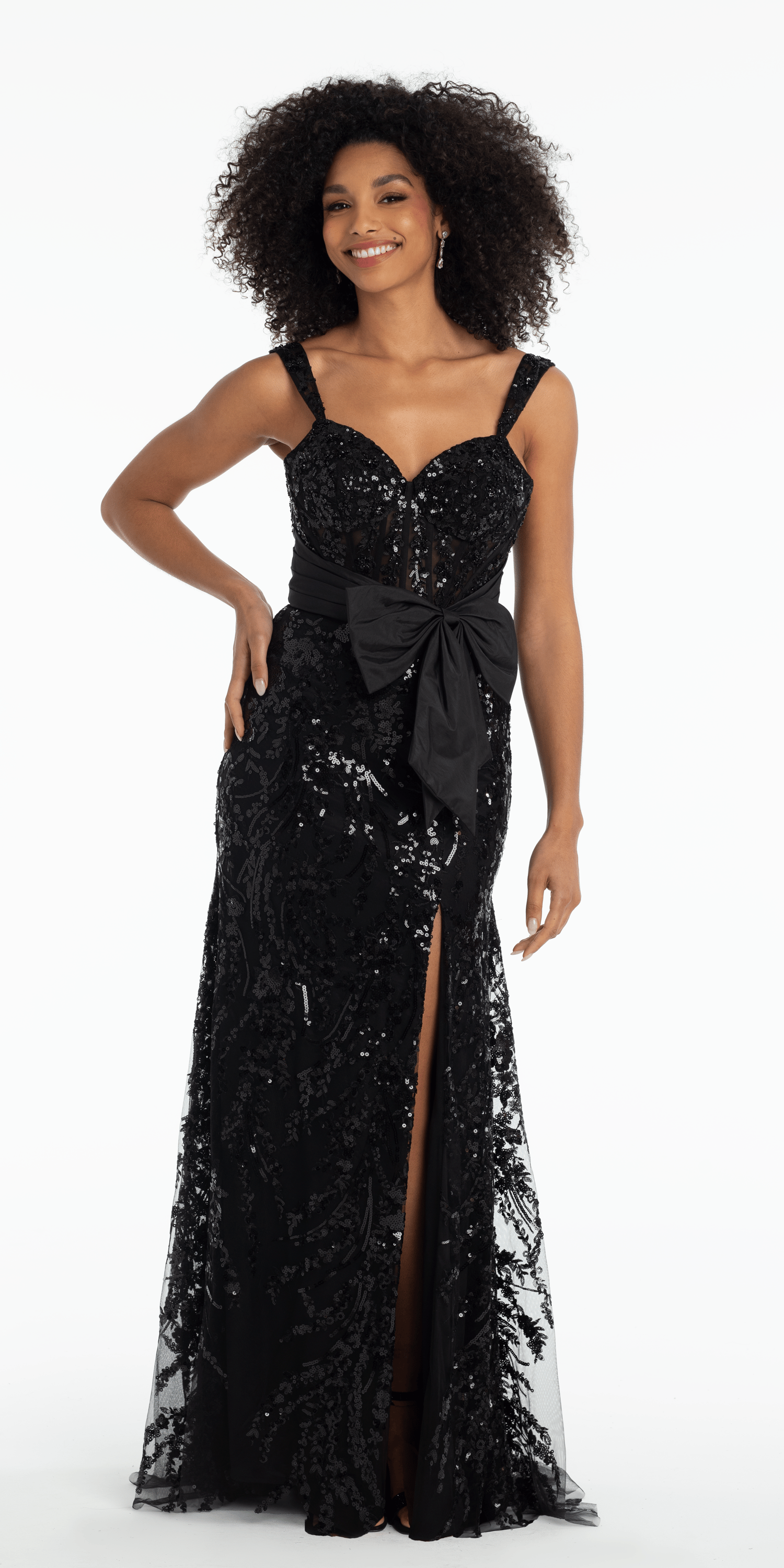 black sparkly prom dress V-neck Bodice Sequin Dresses with High Thigh-slit loveangeldress with layers of glitter fabric that sparkle with every movement Black Sequin Prom Dresses Long