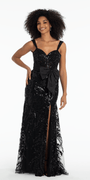 black/size/4/ missy/Mesh Sequin Sweetheart Column Dress with Taffeta Waist Bow/front