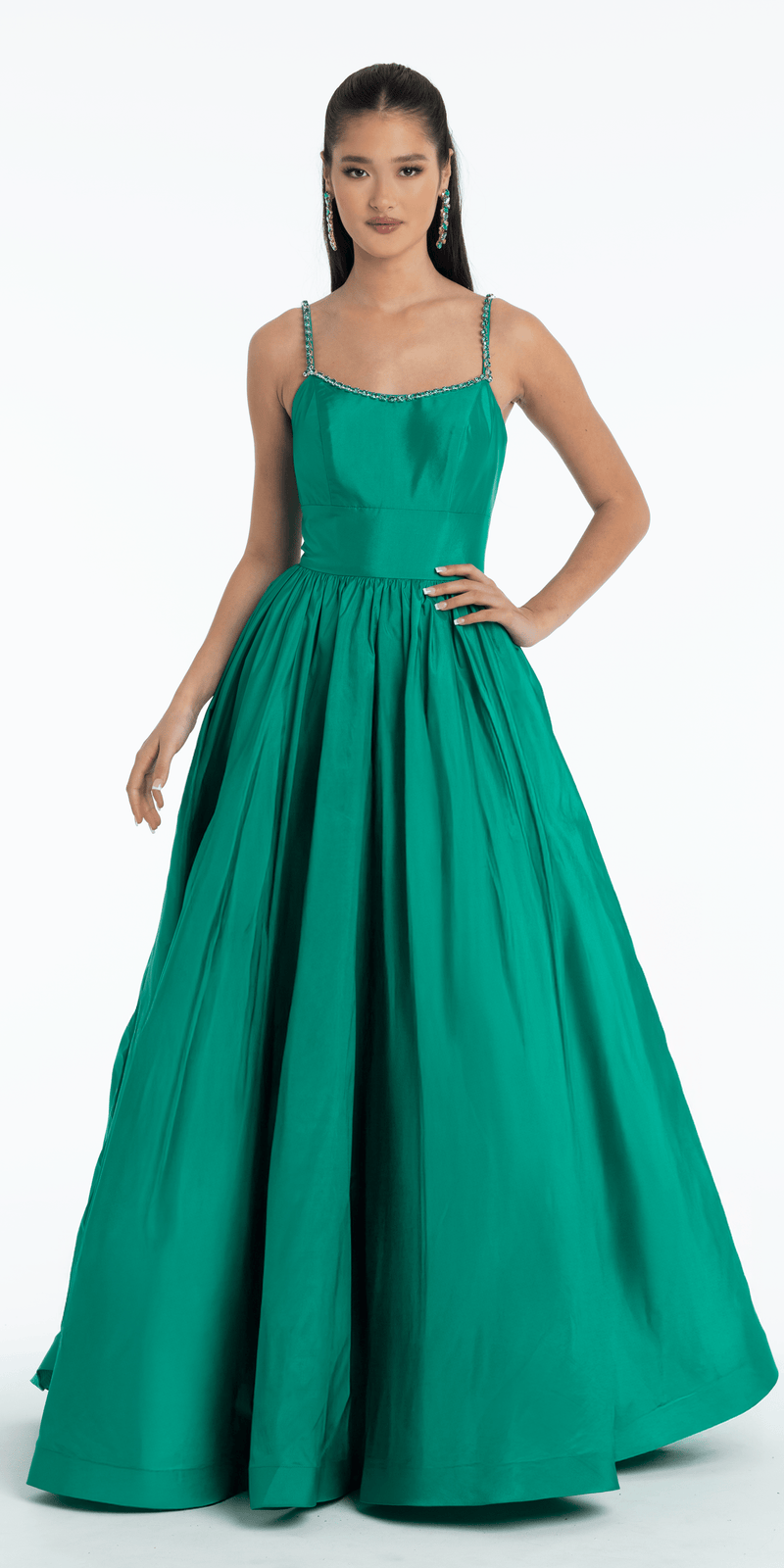 emerald/size/4/missy/Camille La Vie Jewel Neck Taffeta Pleated Ballgown with Pockets/front alt
