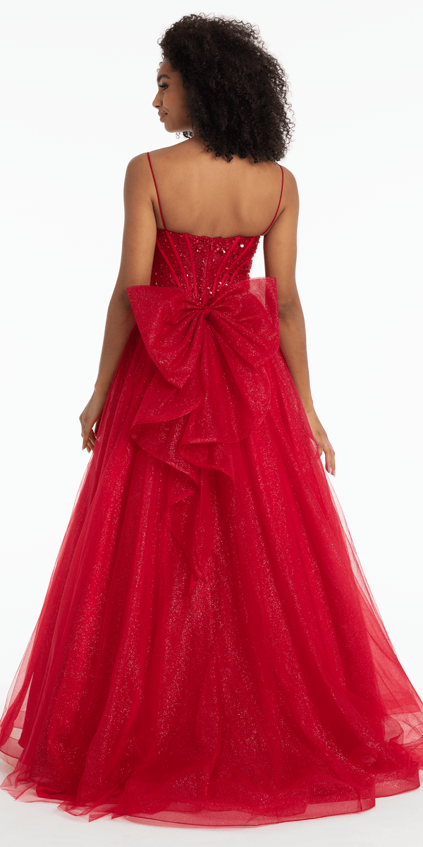 red/size/4/missy/Camille La Vie/Beaded Plunge Corset Glitter Tulle Ballgown with Bow Back/back