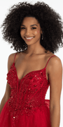 red/size/4/missy/Camille La Vie/Beaded Plunge Corset Glitter Tulle Ballgown with Bow Back/close up