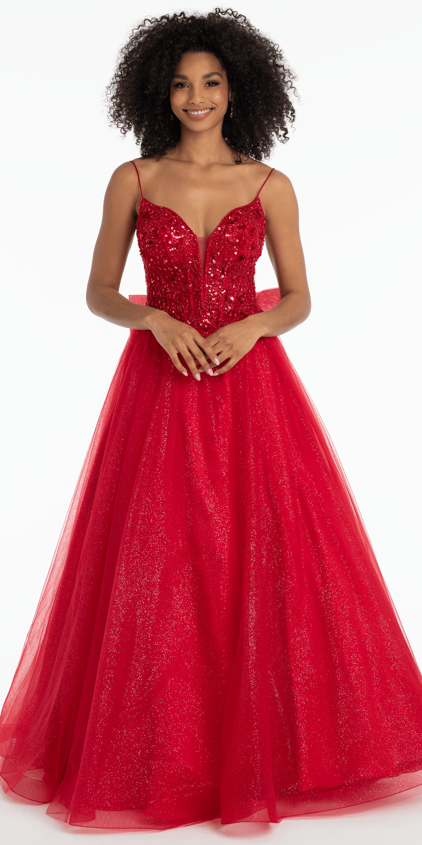 red/size/4/missy/Camille La Vie/Beaded Plunge Corset Glitter Tulle Ballgown with Bow Back/front