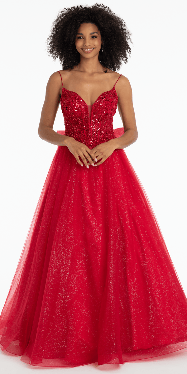 red/size/4/missy/Camille La Vie/Beaded Plunge Corset Glitter Tulle Ballgown with Bow Back/front