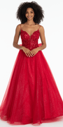 red/size/4/missy/Camille La Vie/Beaded Plunge Corset Glitter Tulle Ballgown with Bow Back/front