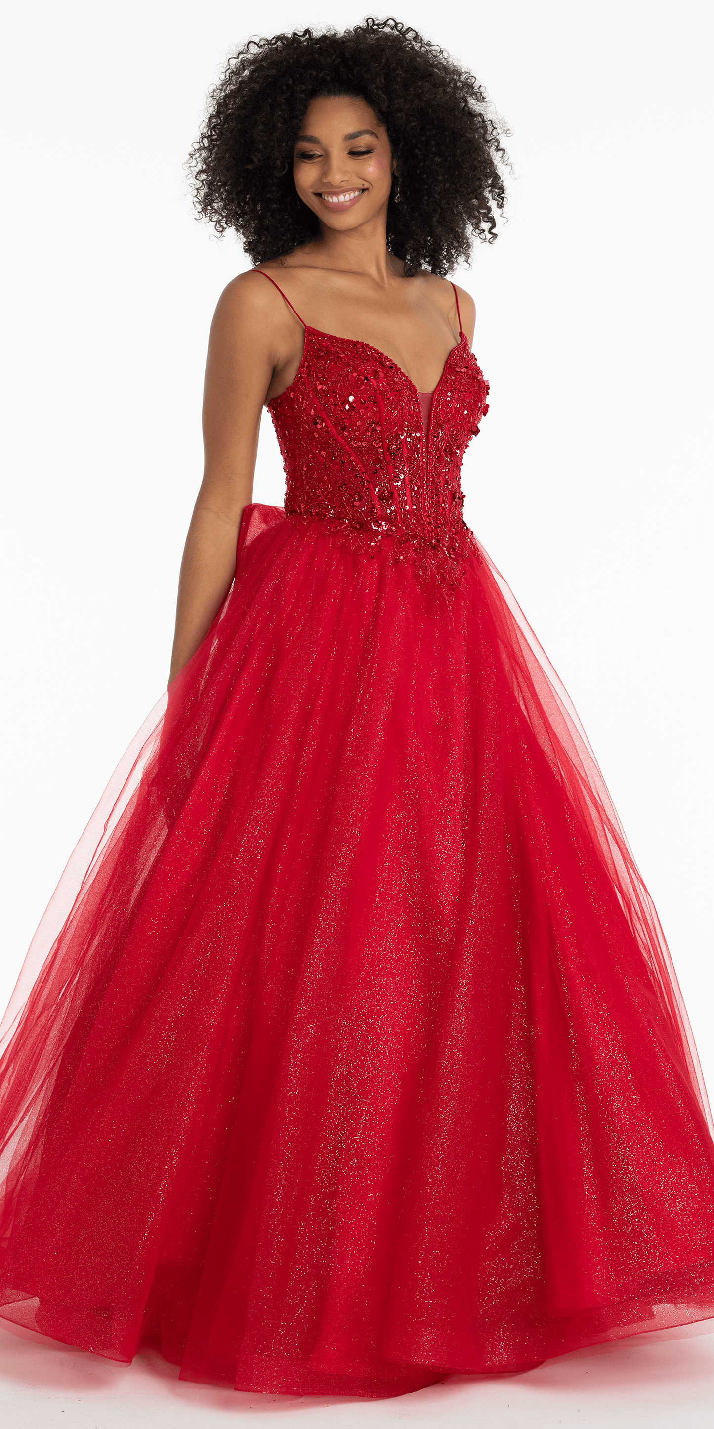 red/size/4/missy/Camille La Vie/Beaded Plunge Corset Glitter Tulle Ballgown with Bow Back/front alt 2