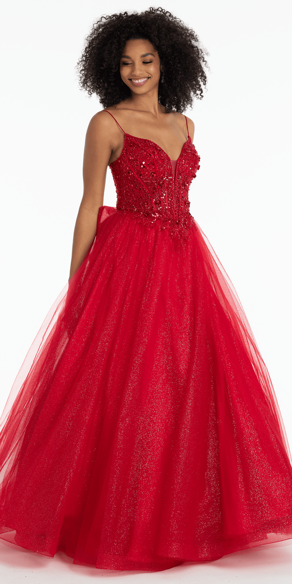 red/size/4/missy/Camille La Vie/Beaded Plunge Corset Glitter Tulle Ballgown with Bow Back/front alt 2