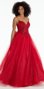 red/size/4/missy/Camille La Vie/Beaded Plunge Corset Glitter Tulle Ballgown with Bow Back/front alt 2