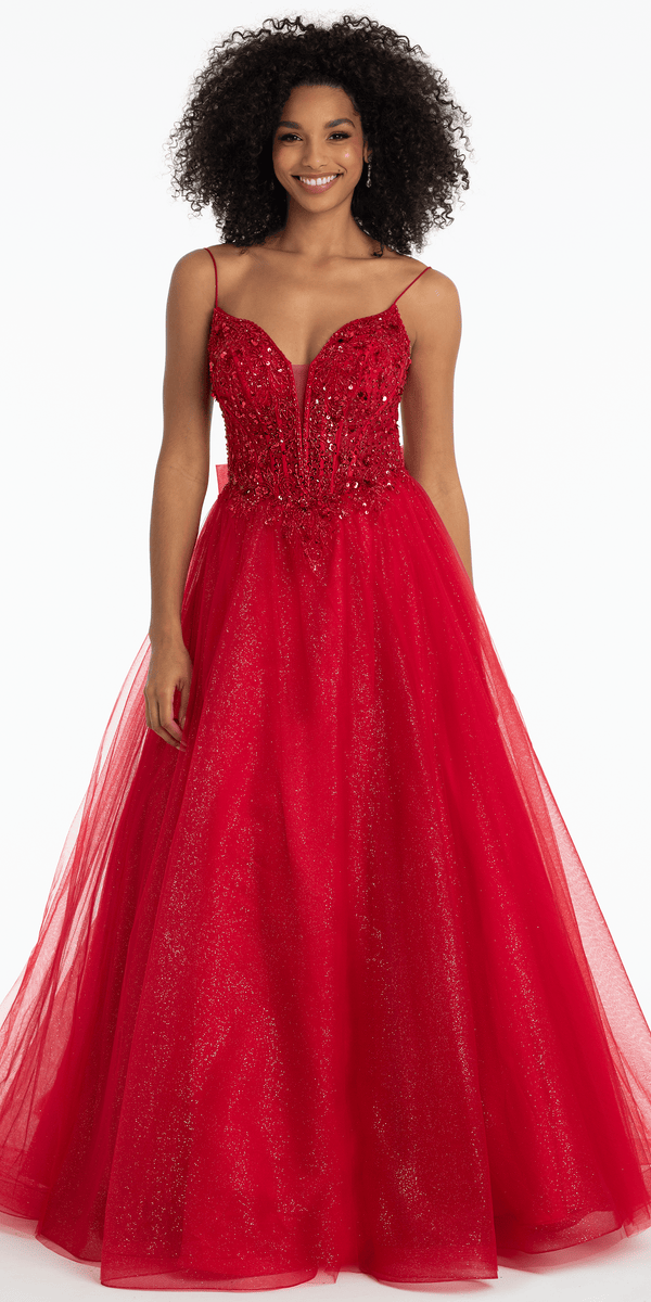 red/size/4/missy/Camille La Vie/Beaded Plunge Corset Glitter Tulle Ballgown with Bow Back/front alt