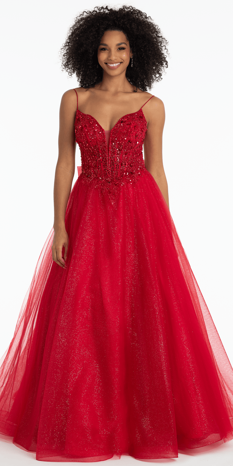 red/size/4/missy/Camille La Vie/Beaded Plunge Corset Glitter Tulle Ballgown with Bow Back/front alt