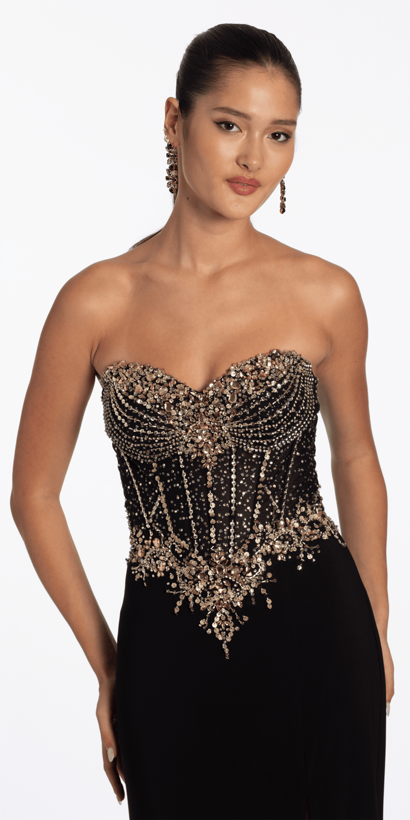 Camille La Vie Strapless Embellished Jersey Corset Column Dress with Side Slit
