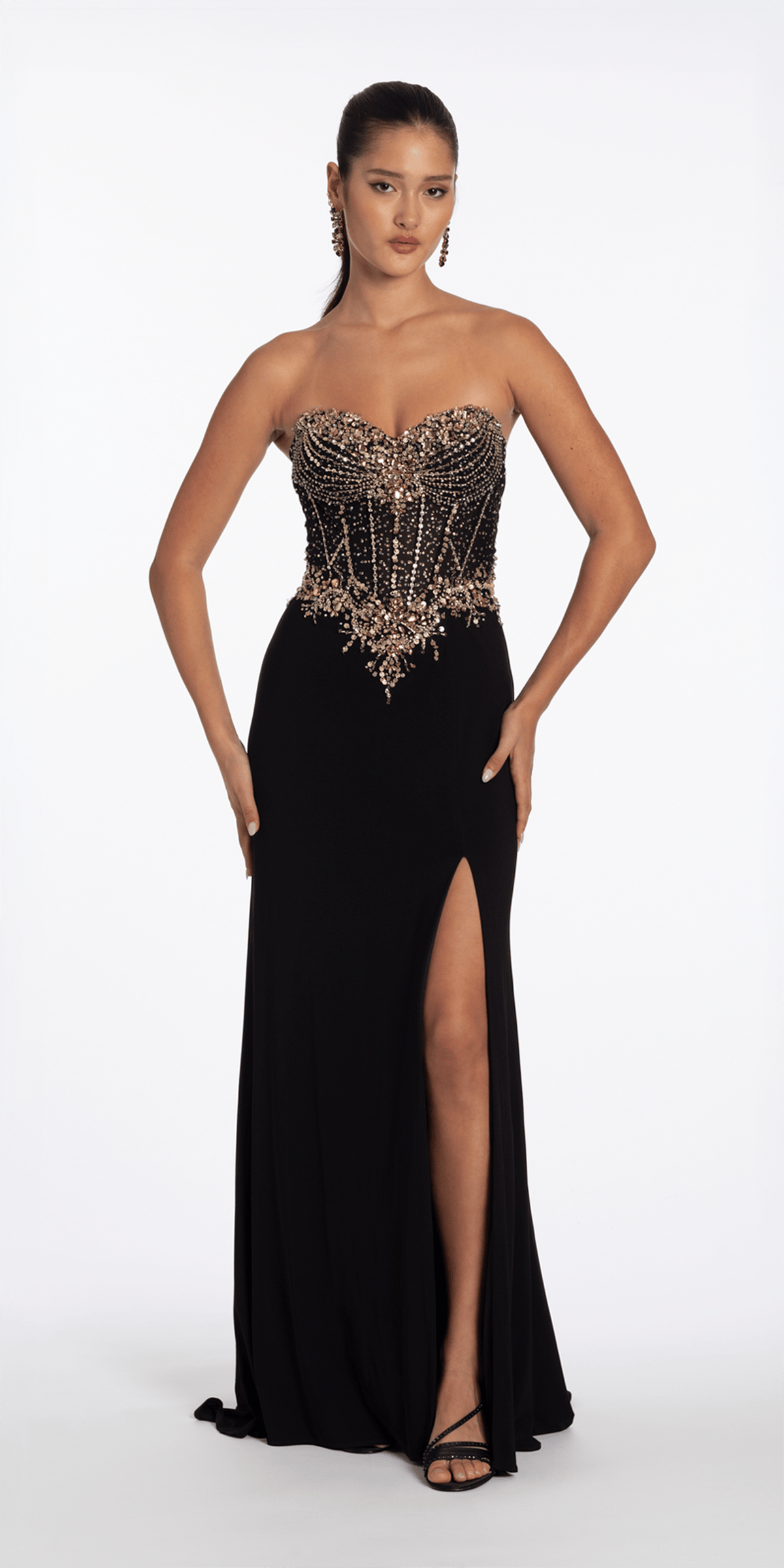 Camille La Vie Strapless Embellished Jersey Corset Column Dress with Side Slit missy / 0 / black-gold