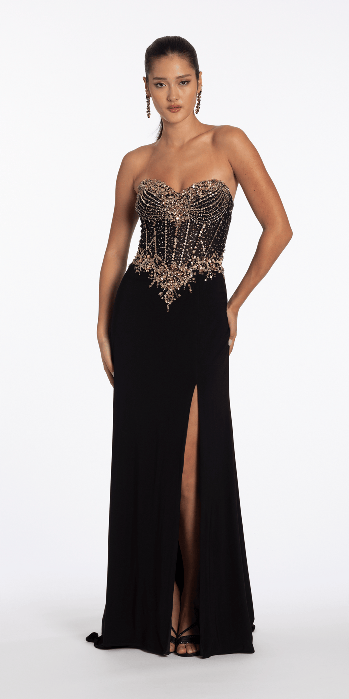 Camille La Vie Strapless Embellished Jersey Corset Column Dress with Side Slit