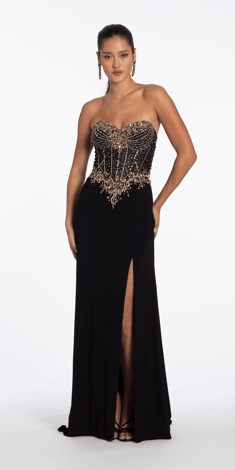 Camille La Vie Strapless Embellished Jersey Corset Column Dress with Side Slit