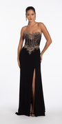 Camille La Vie Strapless Embellished Jersey Corset Column Dress with Side Slit