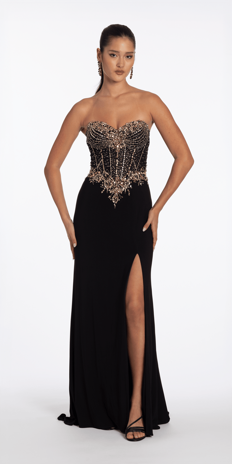 Camille La Vie Strapless Embellished Jersey Corset Column Dress with Side Slit missy / 0 / black-gold