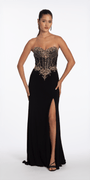 Camille La Vie Strapless Embellished Jersey Corset Column Dress with Side Slit missy / 0 / black-gold