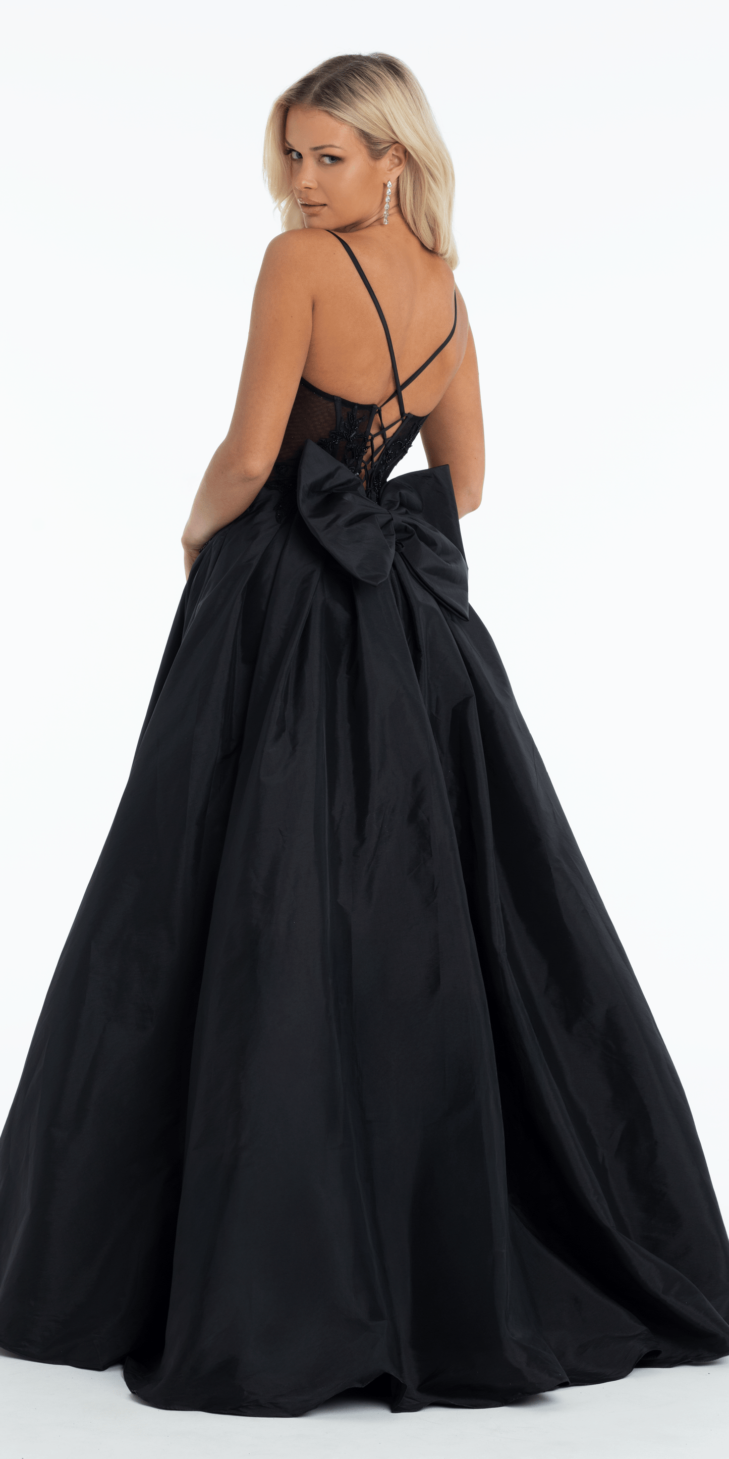 black/size/4/missy/Camille La Vie/Taffeta Plunge Beaded Ballgown with Detachable Bow and Pockets/back