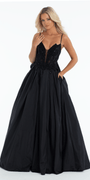 black/size/4/missy/Camille La Vie/Taffeta Plunge Beaded Ballgown with Detachable Bow and Pockets/front