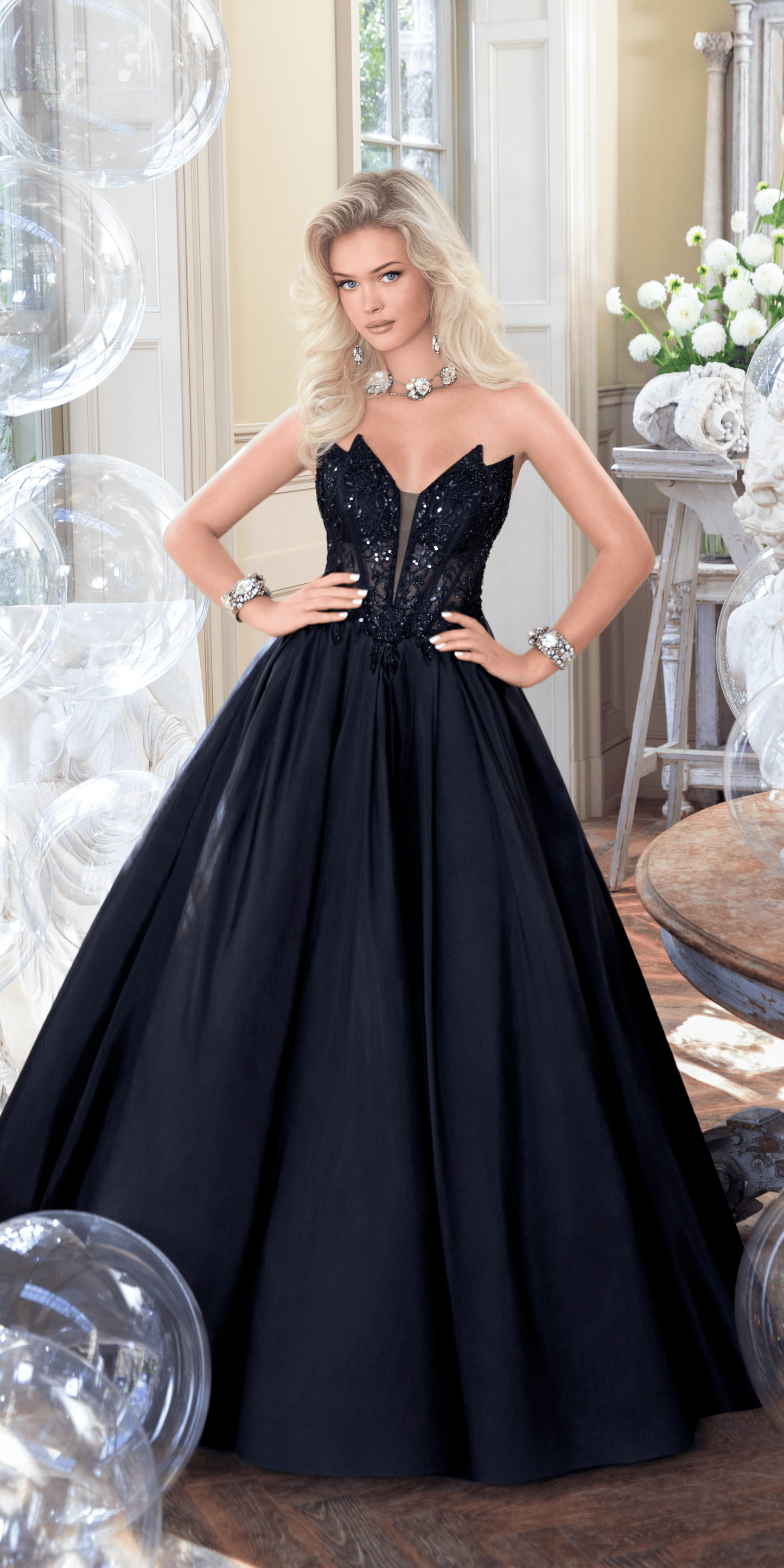 black/size/4/missy/Camille La Vie/Taffeta Plunge Beaded Ballgown with Detachable Bow and Pockets /lifestyle
